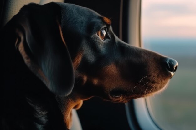 Dog on the plane looking out the window generative ai