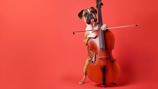 A dog playing a double bass