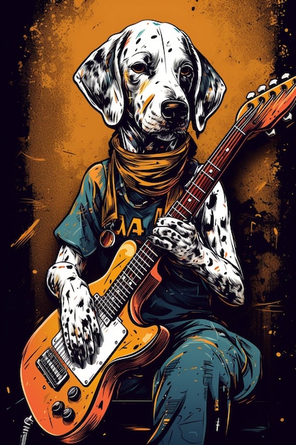 A dog playing a guitar with the words navy on it