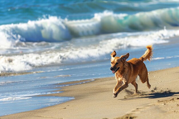 A dog playing on a sandy beach with the ocean in the background