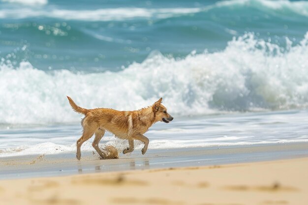 A dog playing on a sandy beach with the ocean in the background