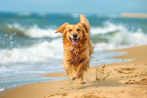 A dog playing on a sandy beach with the ocean in the background