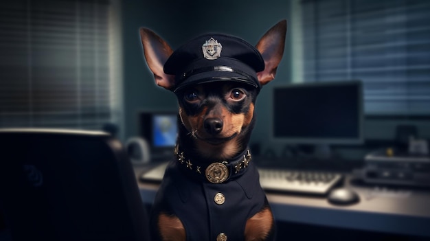 A dog in a police uniform sits in front of a computer.