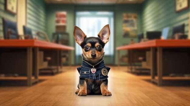 A dog in a police uniform sits on a wooden floor.