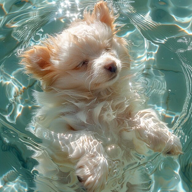 a dog in a pool with a white body of water