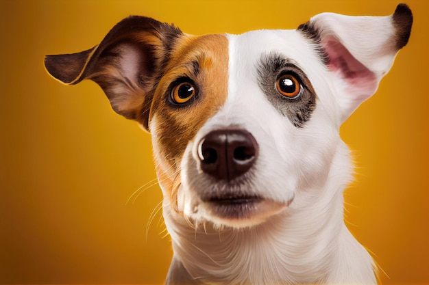 Dog Portrait Happy Jack Russell Terrier looks at object with interest on Yellow background