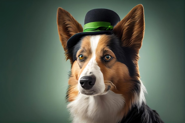 Dog portrait in a leprechaun hat St Patrick's Day Generative Ai Art