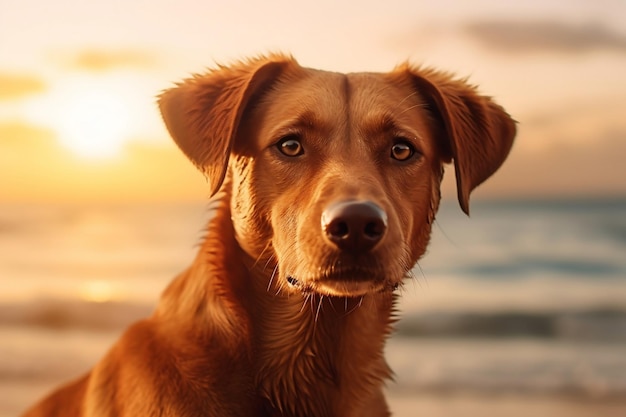 Dog Portrait on a PetFriendly Beach at Sunrise Generative Ai