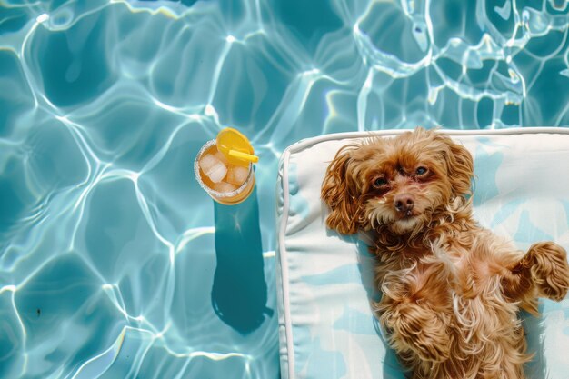 Photo dog posing with a cocktail in the pool