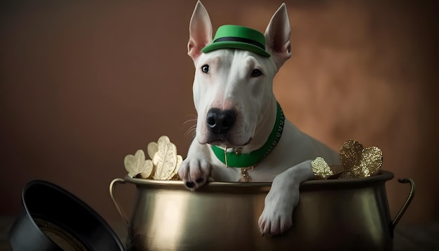 A dog in a pot with gold coins on it