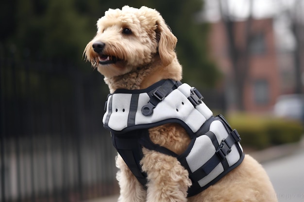 Dog in a protective vest on the street Dog protection concept