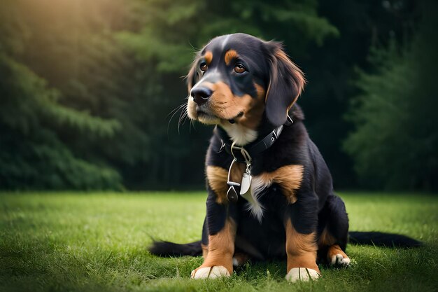 Dog puppy sitting on the grass in the park