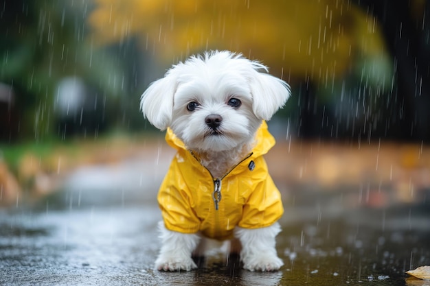 Photo dog rain jacket cute maltese puppies in yellow slickers playing in the rain