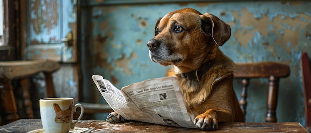 Photo dog reading a newspaper at a caf