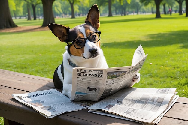 Photo dog reading newspaper in the park