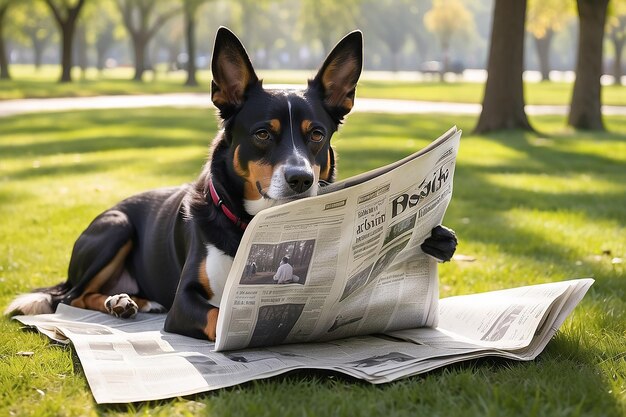 Photo dog reading newspaper in the park