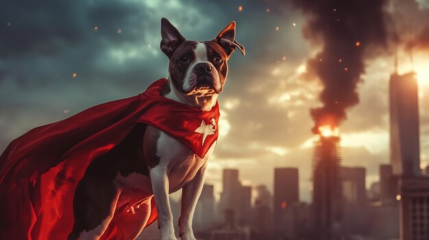 Photo a dog in a red cape is standing in front of a building with the word superman on it