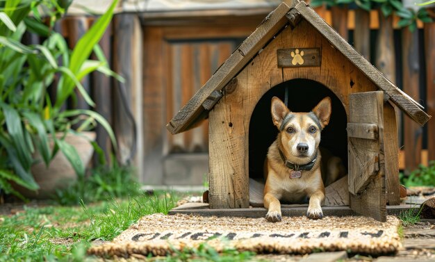 Photo dog relaxes in wooden doghouse surrounded by greenery