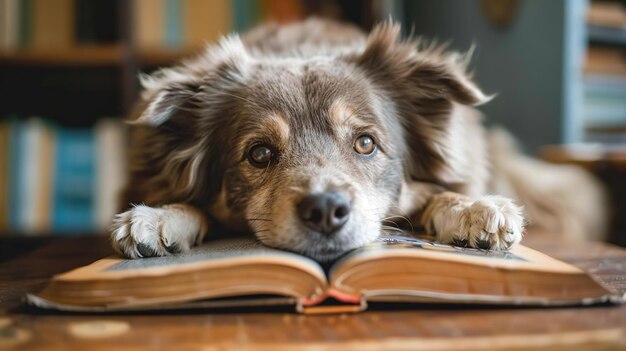 Photo dog resting on a book