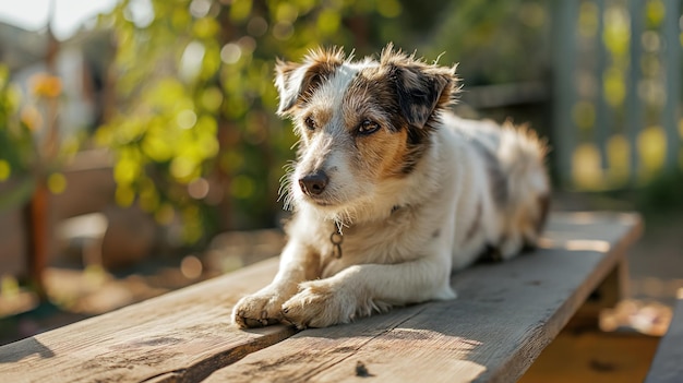 Dog resting on a sunny bench