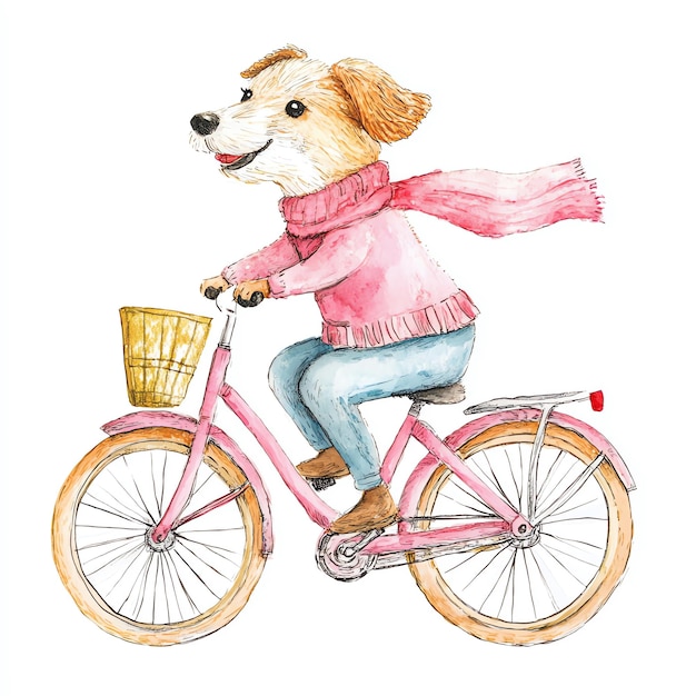 dog riding a pink bike nuresery watercolor