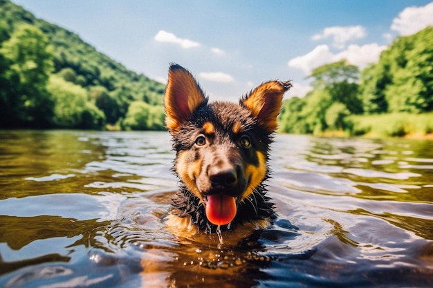 A dog in a river with a mountain in the background