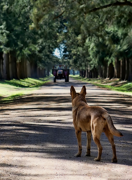 Dog on the road watching the arrival of a tractor