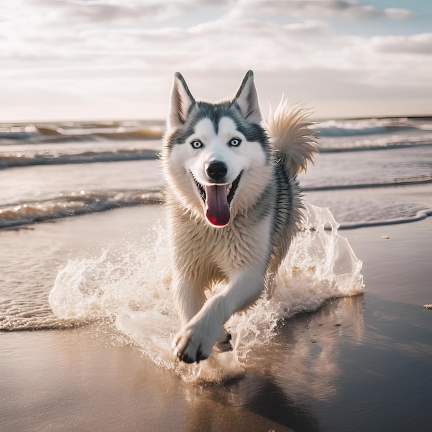 A dog running on the beach with blue eyes and blue eyes.