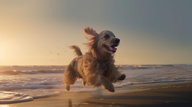 A dog running on the beach with the sun setting behind him