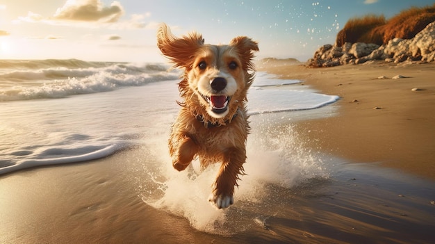 A dog running on the beach with the word dog on it