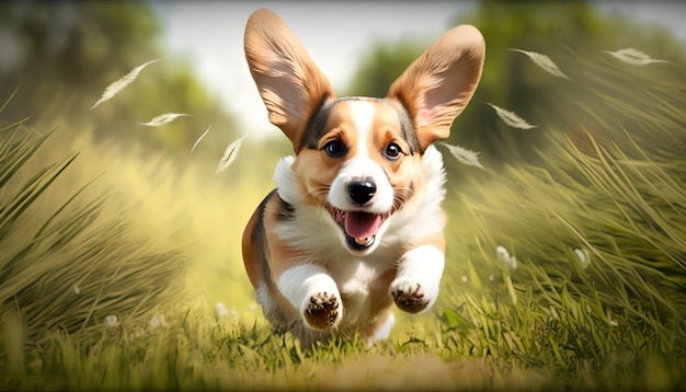 A dog running in a field with a picture of a corgi dog