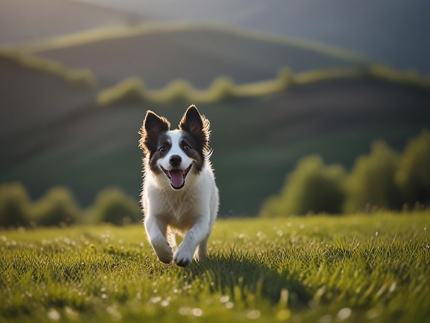 a dog running in a field with the sun behind him