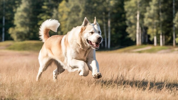 Photo a dog running in a field with trees in the background