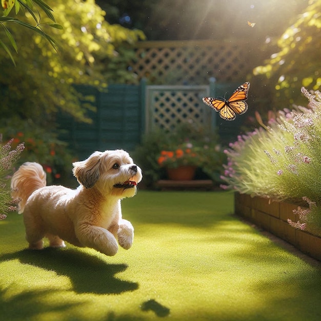 a dog running in the grass with a butterfly on its back