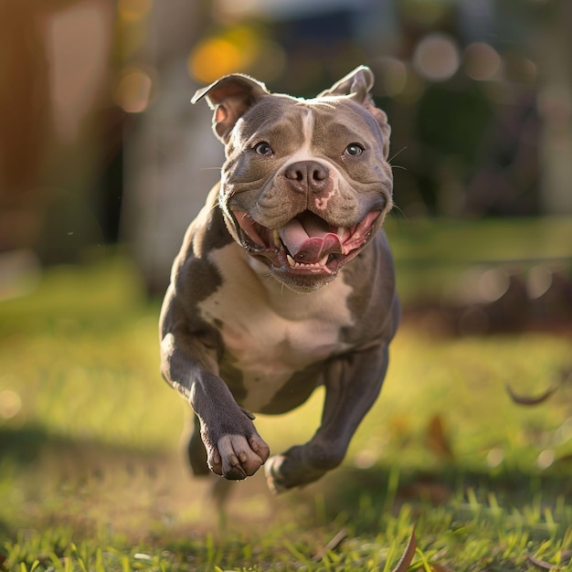 a dog running in the grass with a red tongue sticking out