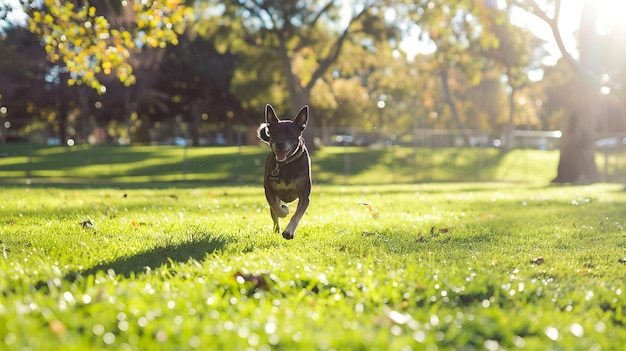 Photo a dog running in the grass with the sun behind him