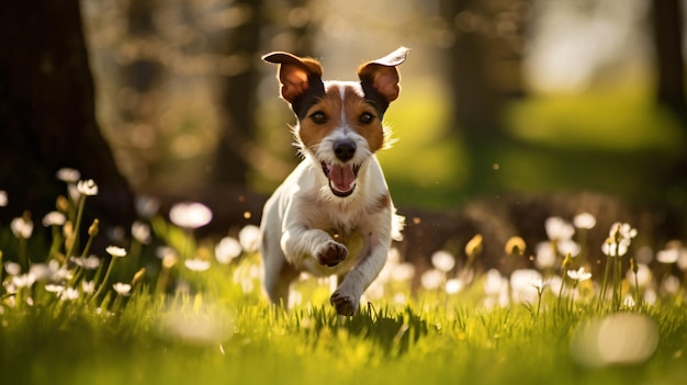 a dog running in the grass with the sun shining on his face