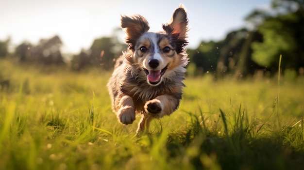 Dog running on a green grass field on a bright day