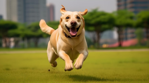 a dog running in a park with a big smile on its face