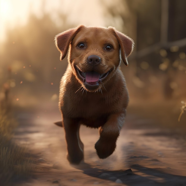 A dog running on a path with the word dog on it