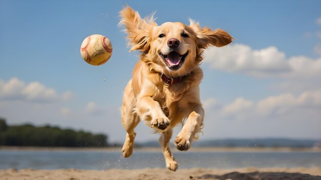 Photo a dog running on the sand with a ball in its mouth