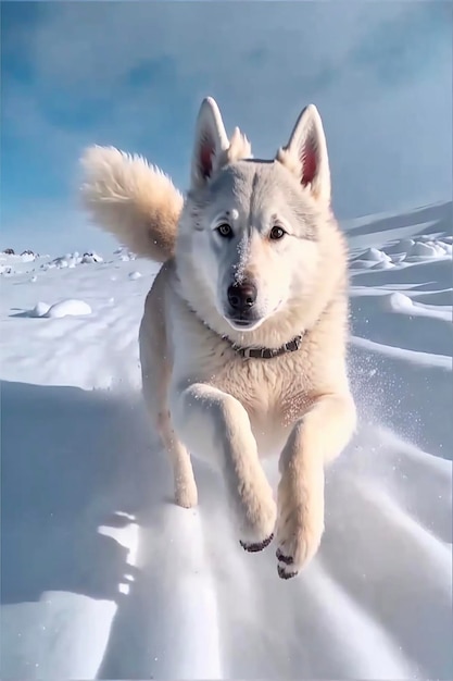 Dog running in the snow on a sunny day generative ai