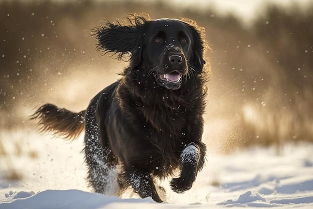 A dog running in the snow with the word lab on the front