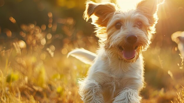 Dog running in sunlit field