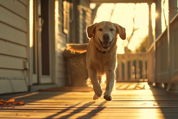 Dog running on a sunny front porch Generative AI