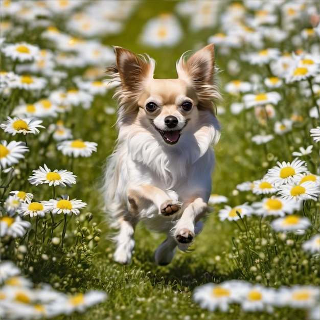 a dog running through a field of daisies with a yellow tag in the middle