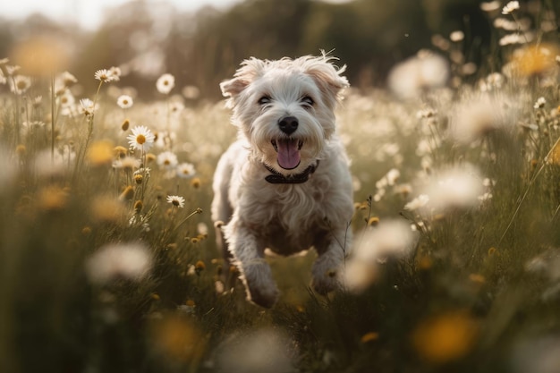 A dog running through a field of dandelions