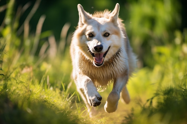 a dog running through a field of grass