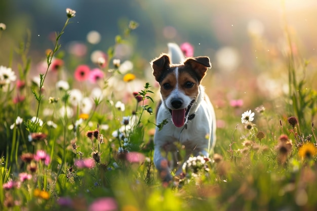 Dog running through a field Pet and spring Generative AI