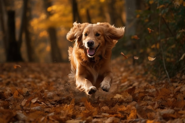 A dog running through a forest with leaves on the ground Generative AI